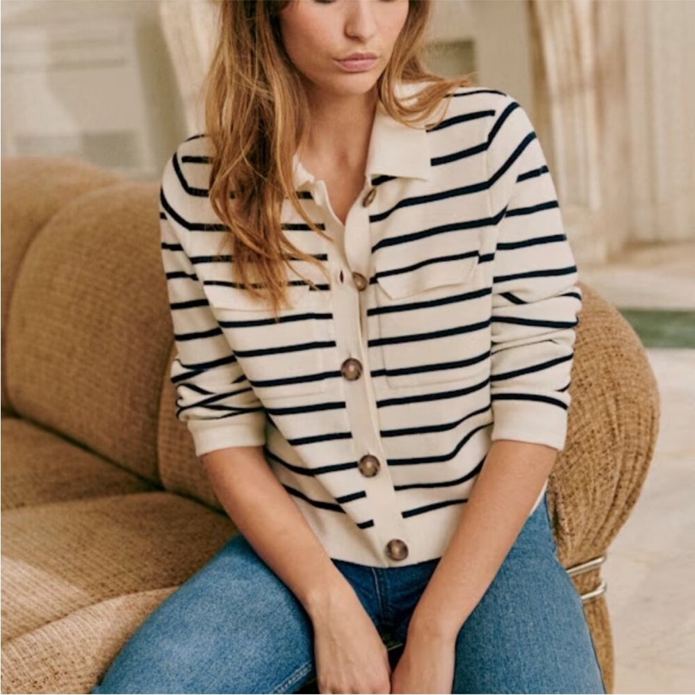 Sezane Betty Cardigan in Ecru Navy Stripe size small - Picture 3 of 5